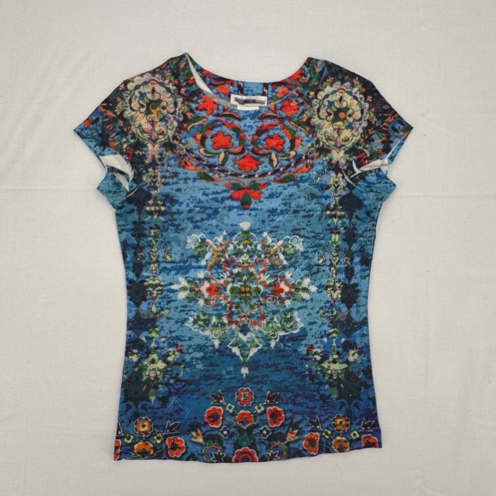 Xhilaration Short Sleeve Top Girls XS 4/5 Blue Mandala Floral Medallion Y2K